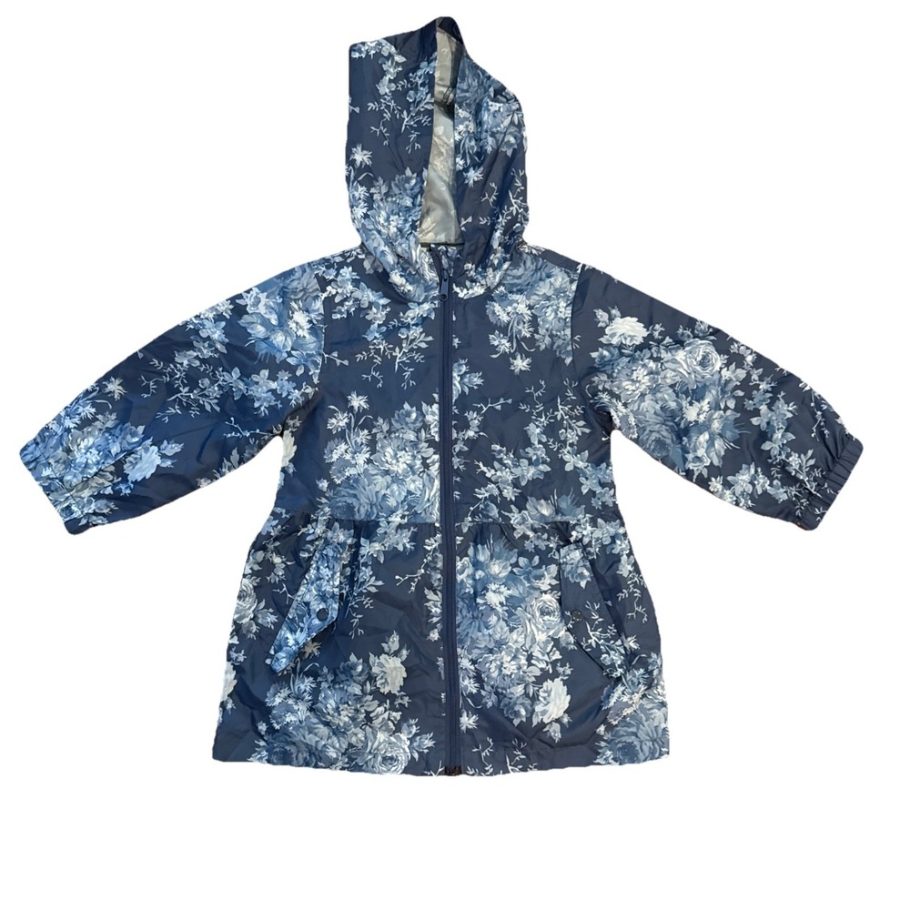 April Cornell Rainβ Jacket Hooded Floral Zip Snap Pockets Girls Size 4 Blue